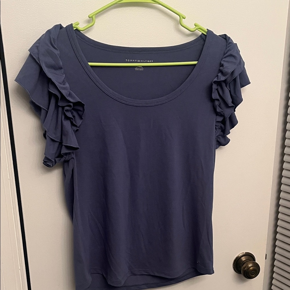 NWOT Tommy Hilfiger Women's Blue Ruffle Sleeve Top